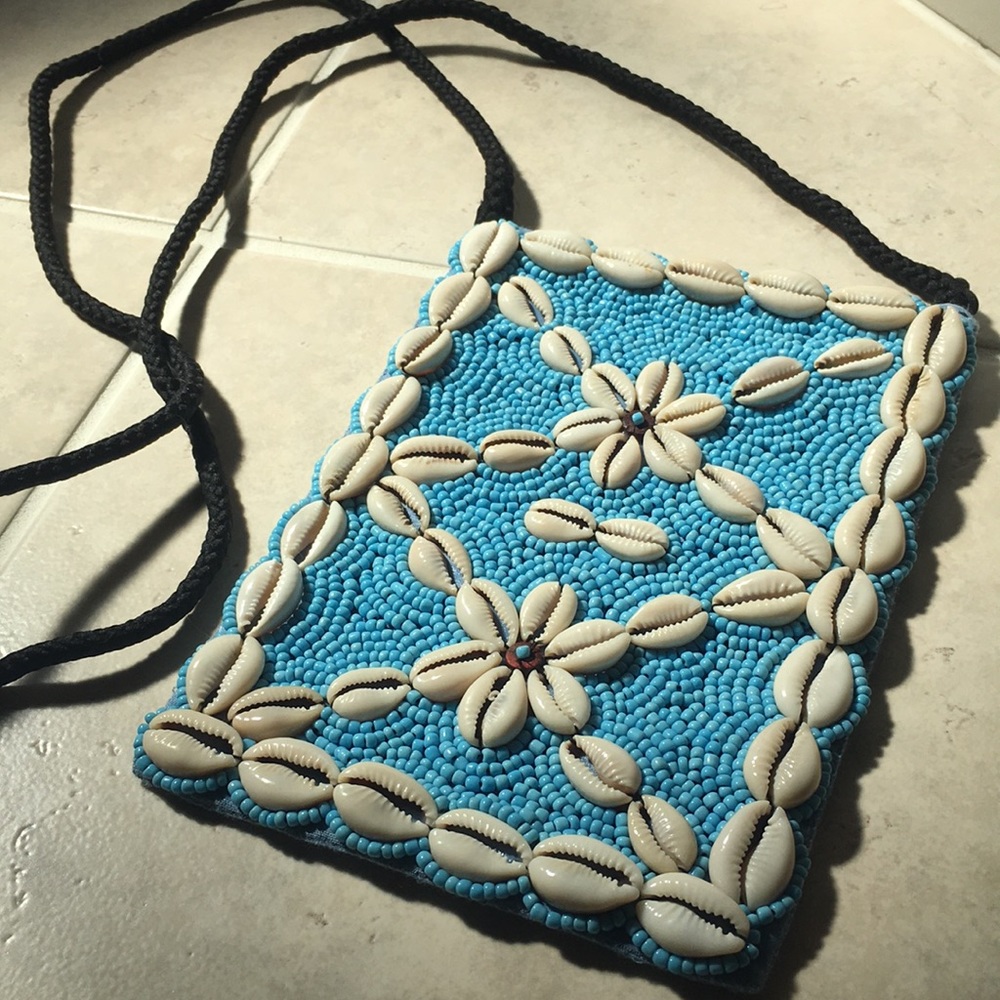 Cowrie shell and seed bead crossbody